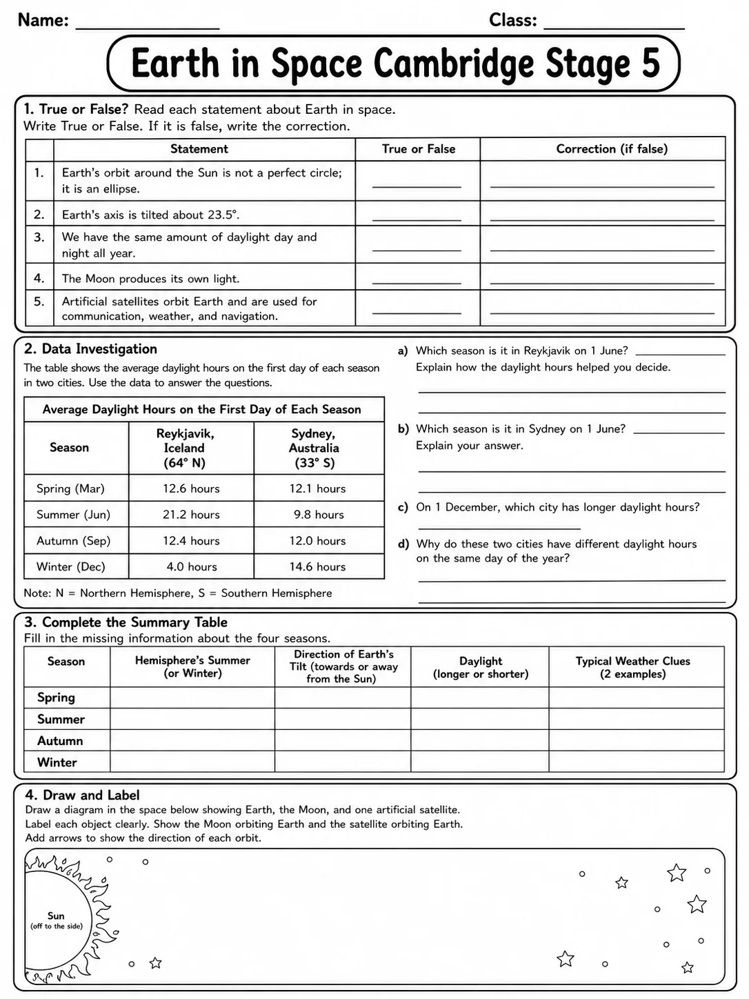 Earth in Space Cambridge Stage 5 page 8 printable Cambridge science worksheet preview