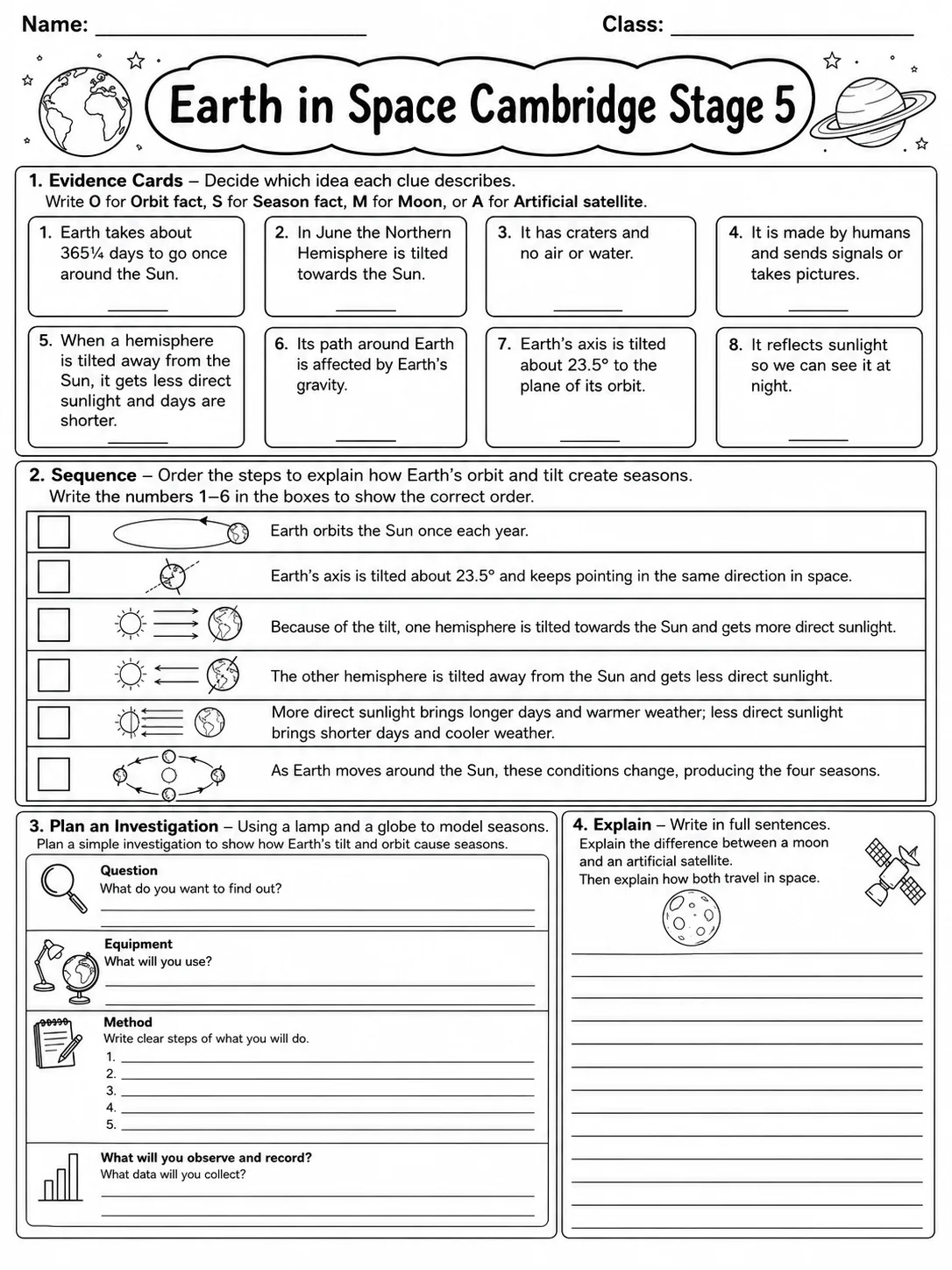 Earth in Space Cambridge Stage 5 page 9 printable Cambridge science worksheet preview