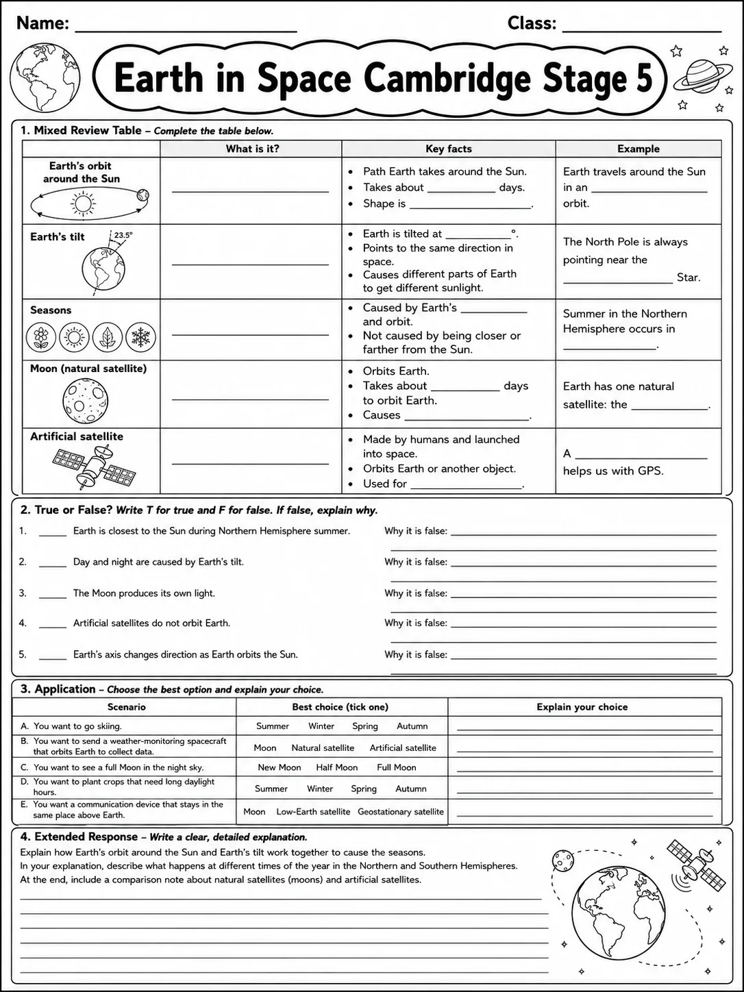 Earth in Space Cambridge Stage 5 page 10 printable Cambridge science worksheet preview