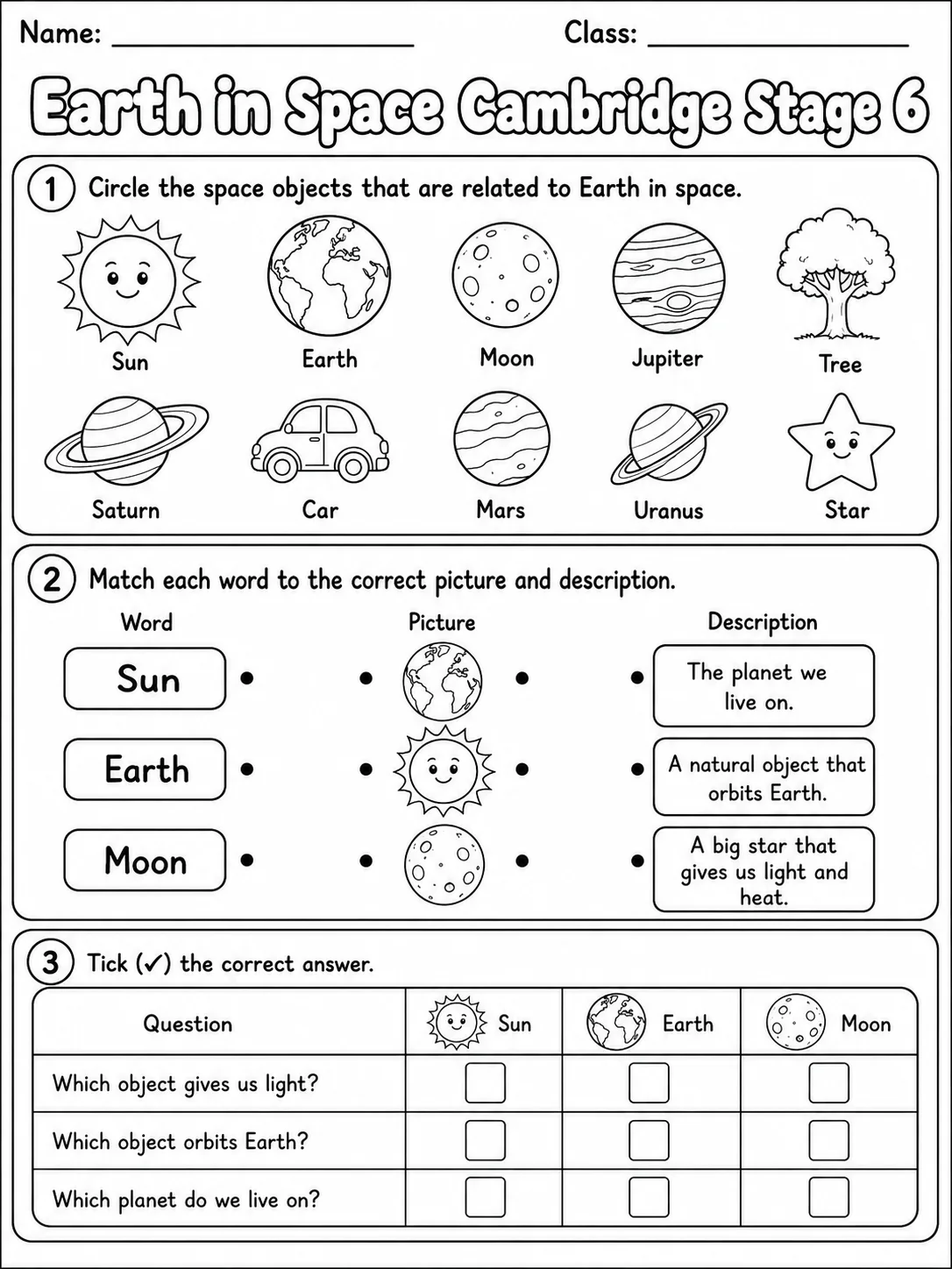 Earth in Space Cambridge Stage 6 printable Cambridge Primary Science Stage 6 worksheet preview from KiwiBee