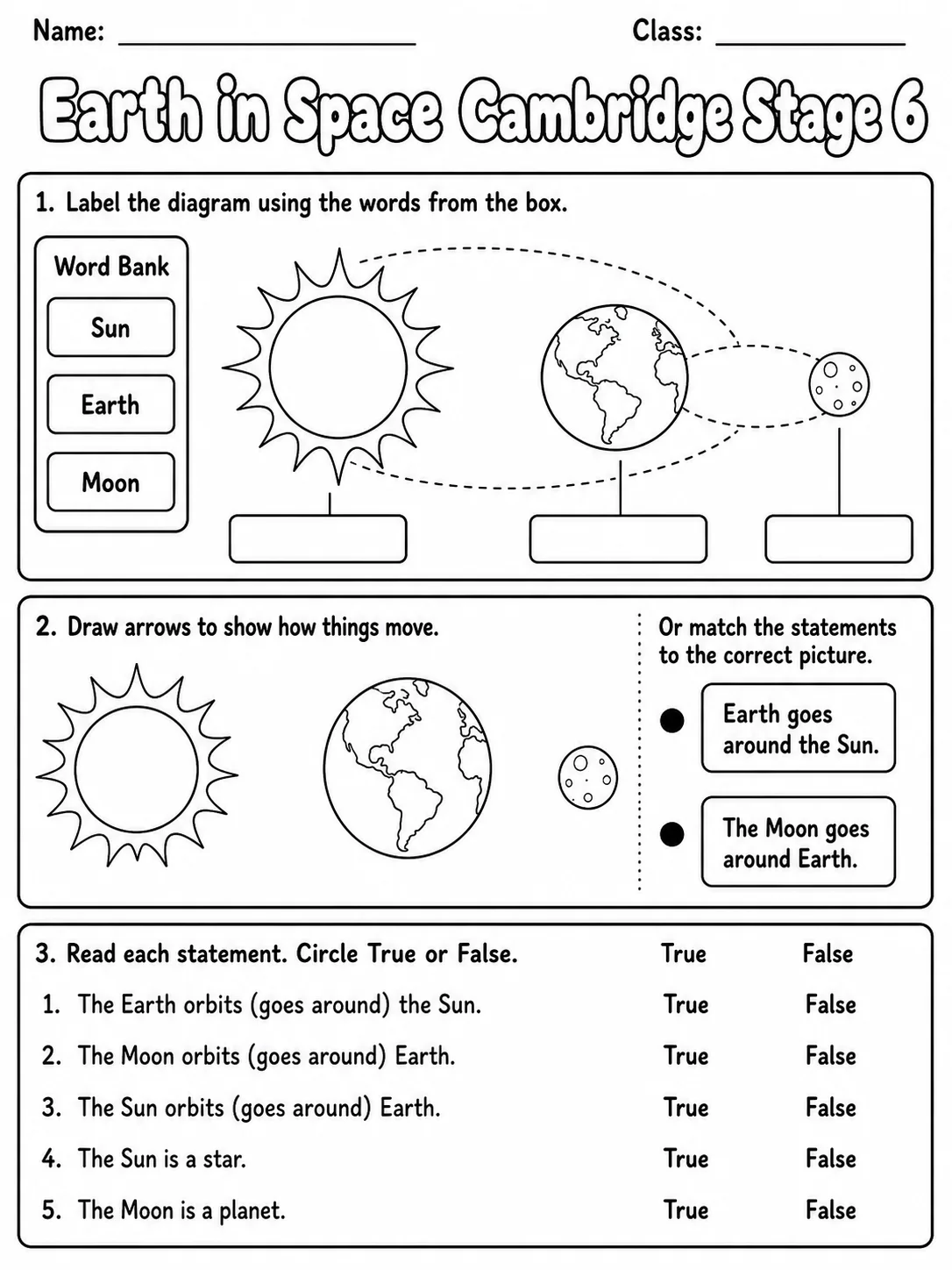 Earth in Space Cambridge Stage 6 page 2 printable Cambridge science worksheet preview