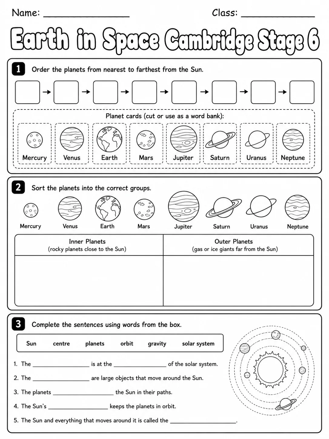 Earth in Space Cambridge Stage 6 page 3 printable Cambridge science worksheet preview