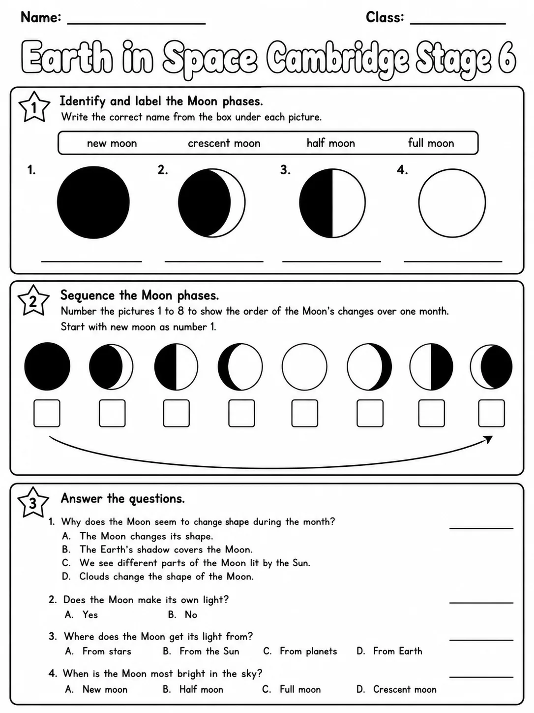 Earth in Space Cambridge Stage 6 page 4 printable Cambridge science worksheet preview