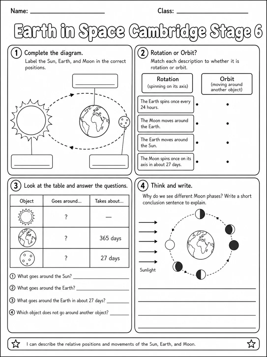 Earth in Space Cambridge Stage 6 page 5 printable Cambridge science worksheet preview