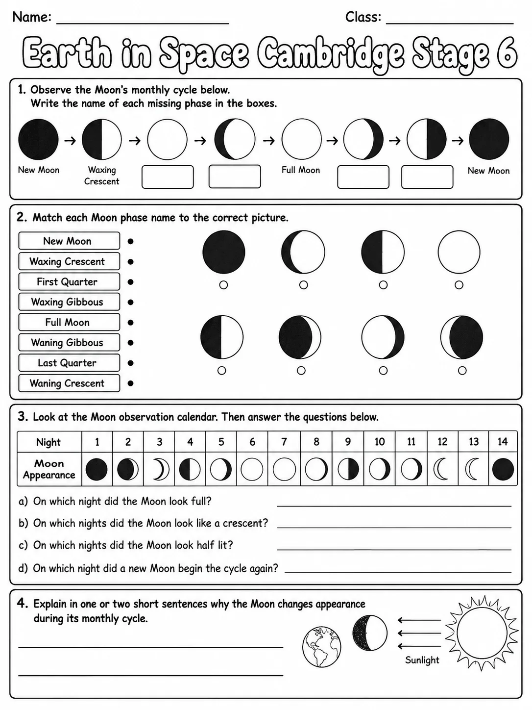 Earth in Space Cambridge Stage 6 page 6 printable Cambridge science worksheet preview