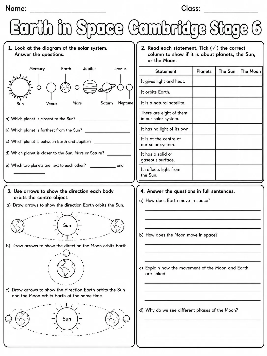 Earth in Space Cambridge Stage 6 page 7 printable Cambridge science worksheet preview