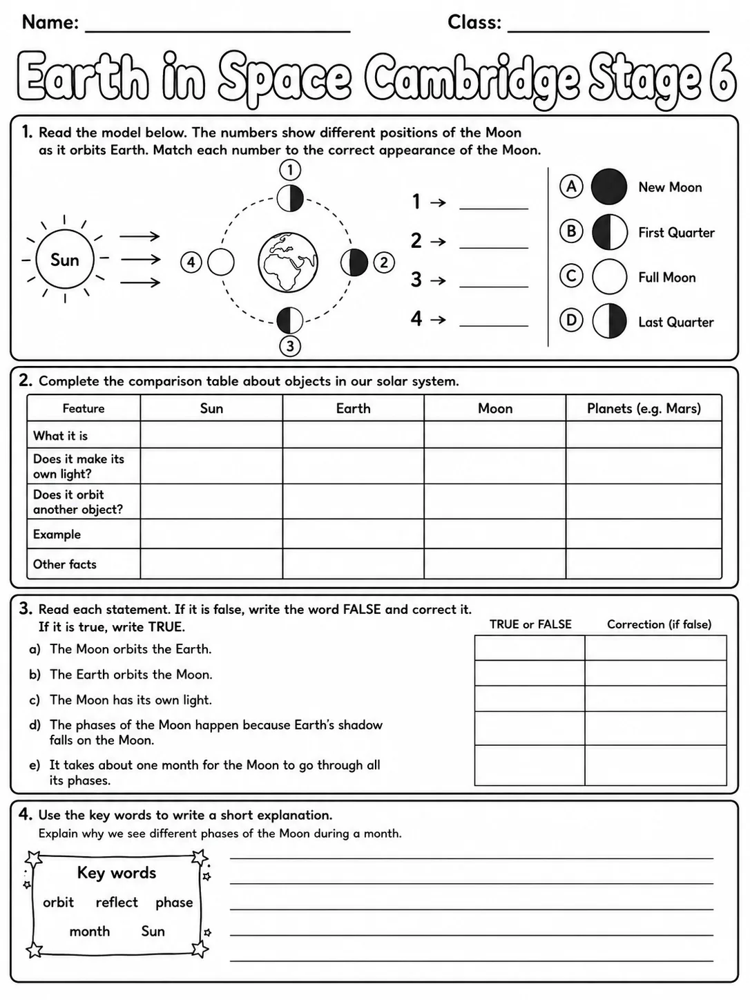 Earth in Space Cambridge Stage 6 page 8 printable Cambridge science worksheet preview
