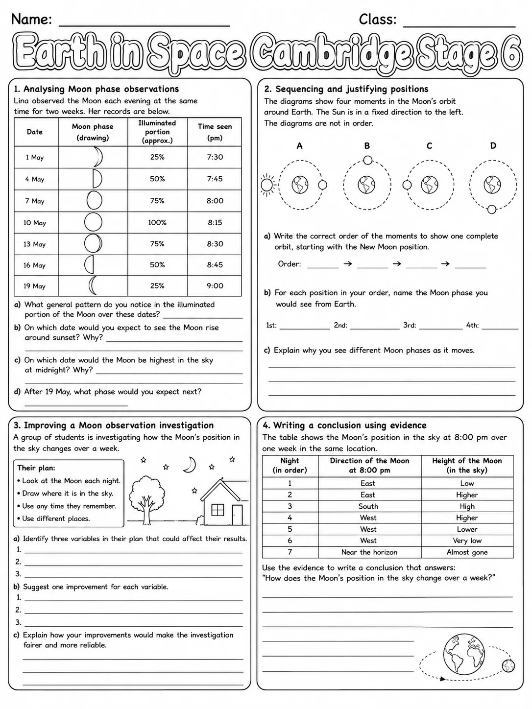Earth in Space Cambridge Stage 6 page 9 printable Cambridge science worksheet preview