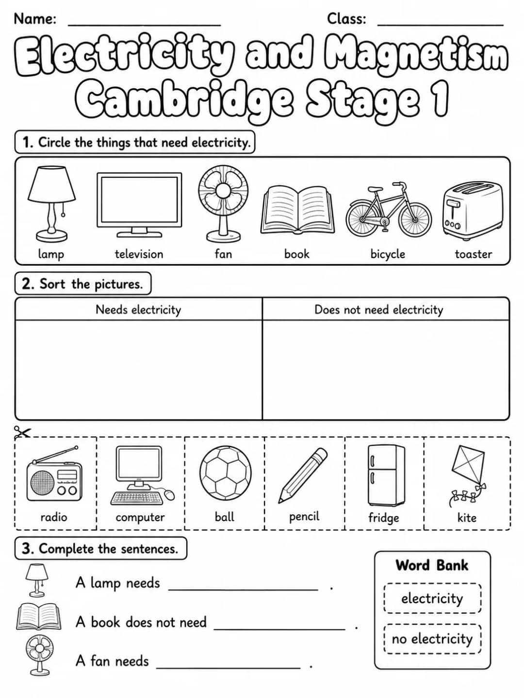Electricity and Magnetism Cambridge Stage 1 printable Cambridge Primary Science Stage 1 worksheet preview from KiwiBee