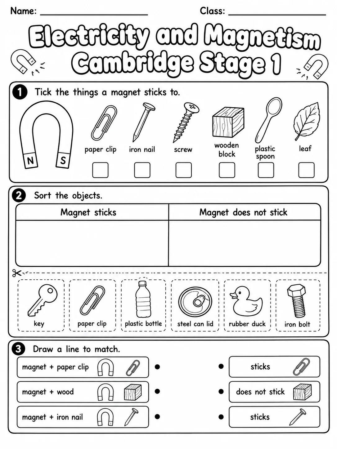 Electricity and Magnetism Cambridge Stage 1 page 2 printable Cambridge science worksheet preview