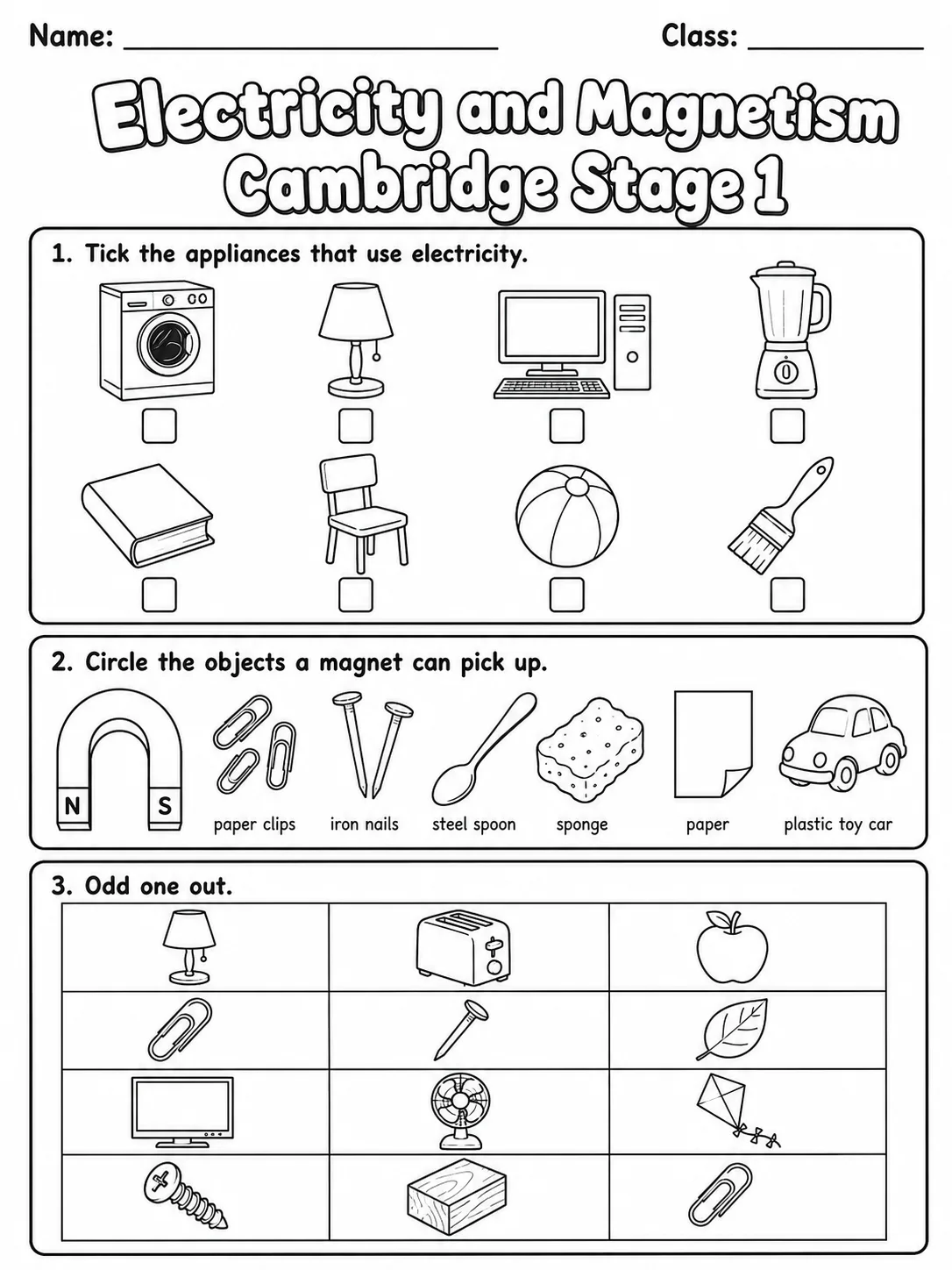 Electricity and Magnetism Cambridge Stage 1 page 3 printable Cambridge science worksheet preview
