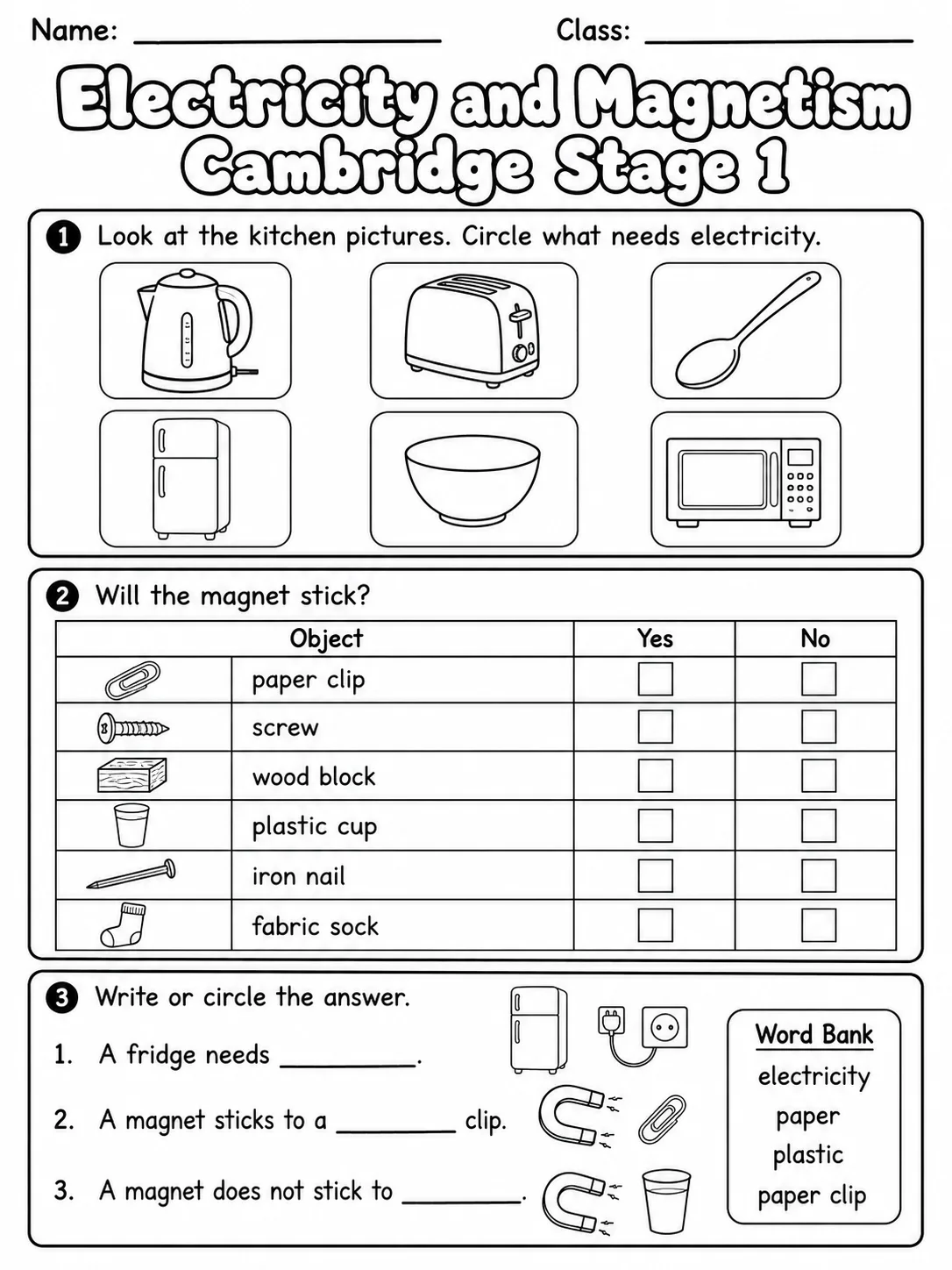 Electricity and Magnetism Cambridge Stage 1 page 4 printable Cambridge science worksheet preview