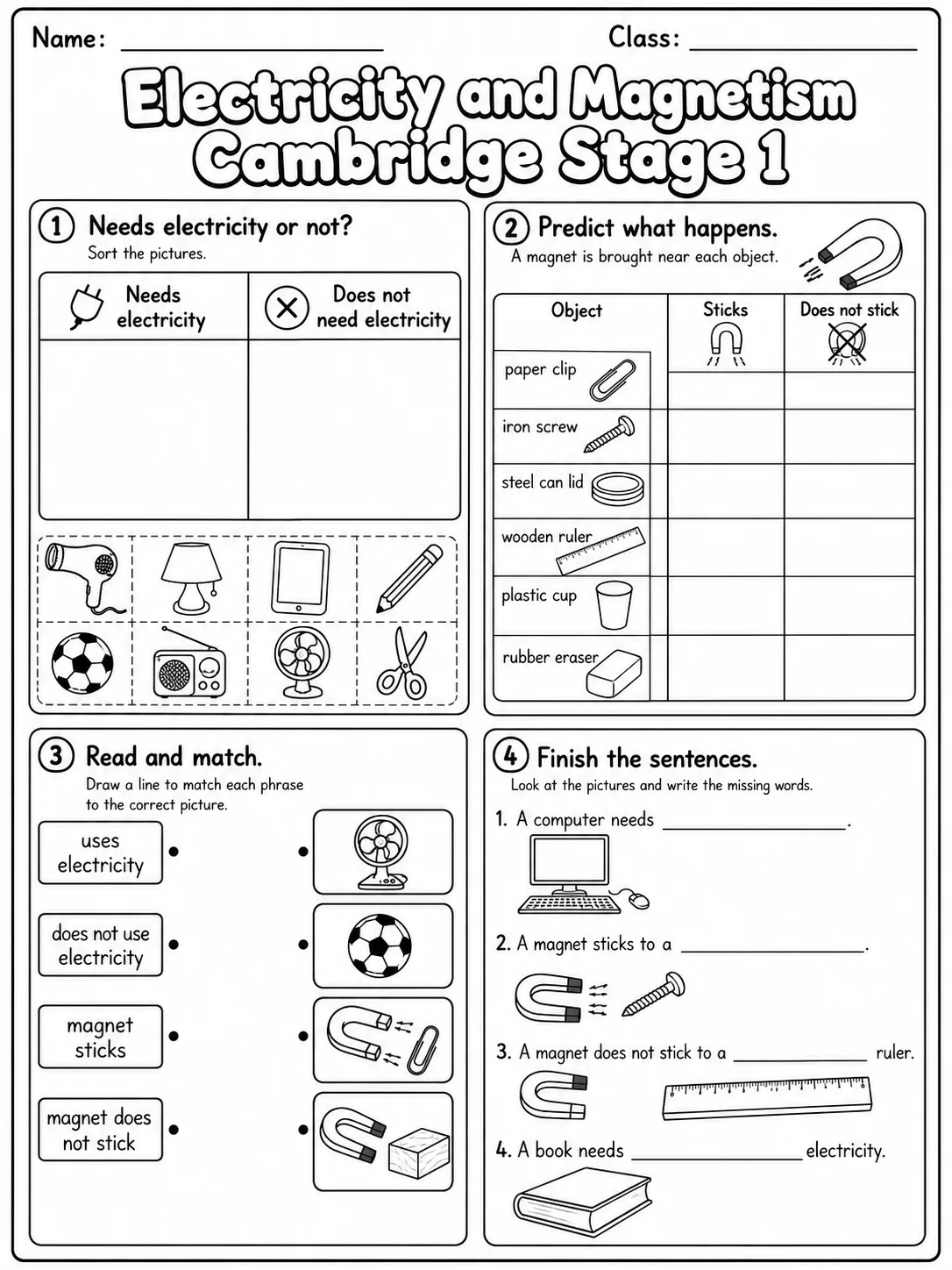 Electricity and Magnetism Cambridge Stage 1 page 5 printable Cambridge science worksheet preview