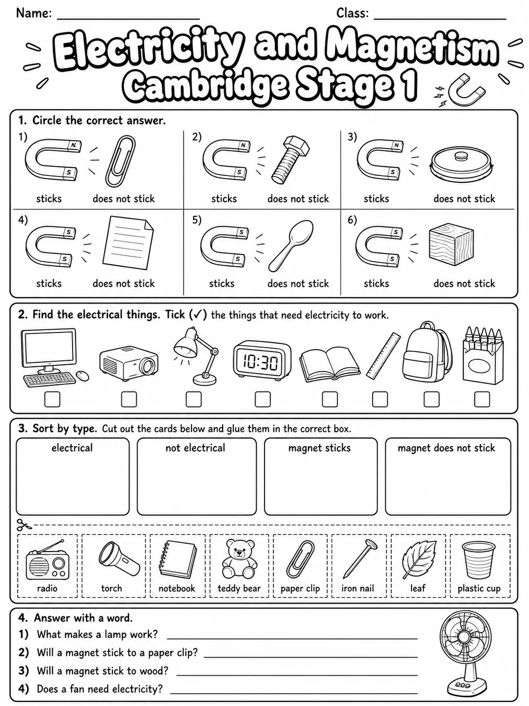 Electricity and Magnetism Cambridge Stage 1 page 6 printable Cambridge science worksheet preview