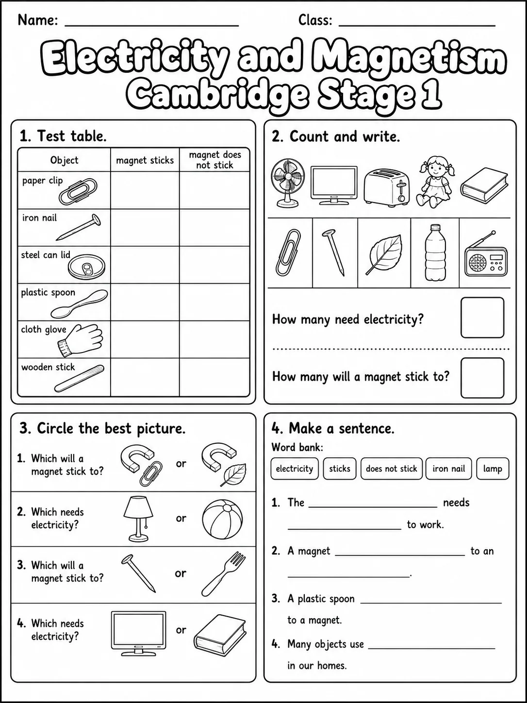 Electricity and Magnetism Cambridge Stage 1 page 7 printable Cambridge science worksheet preview