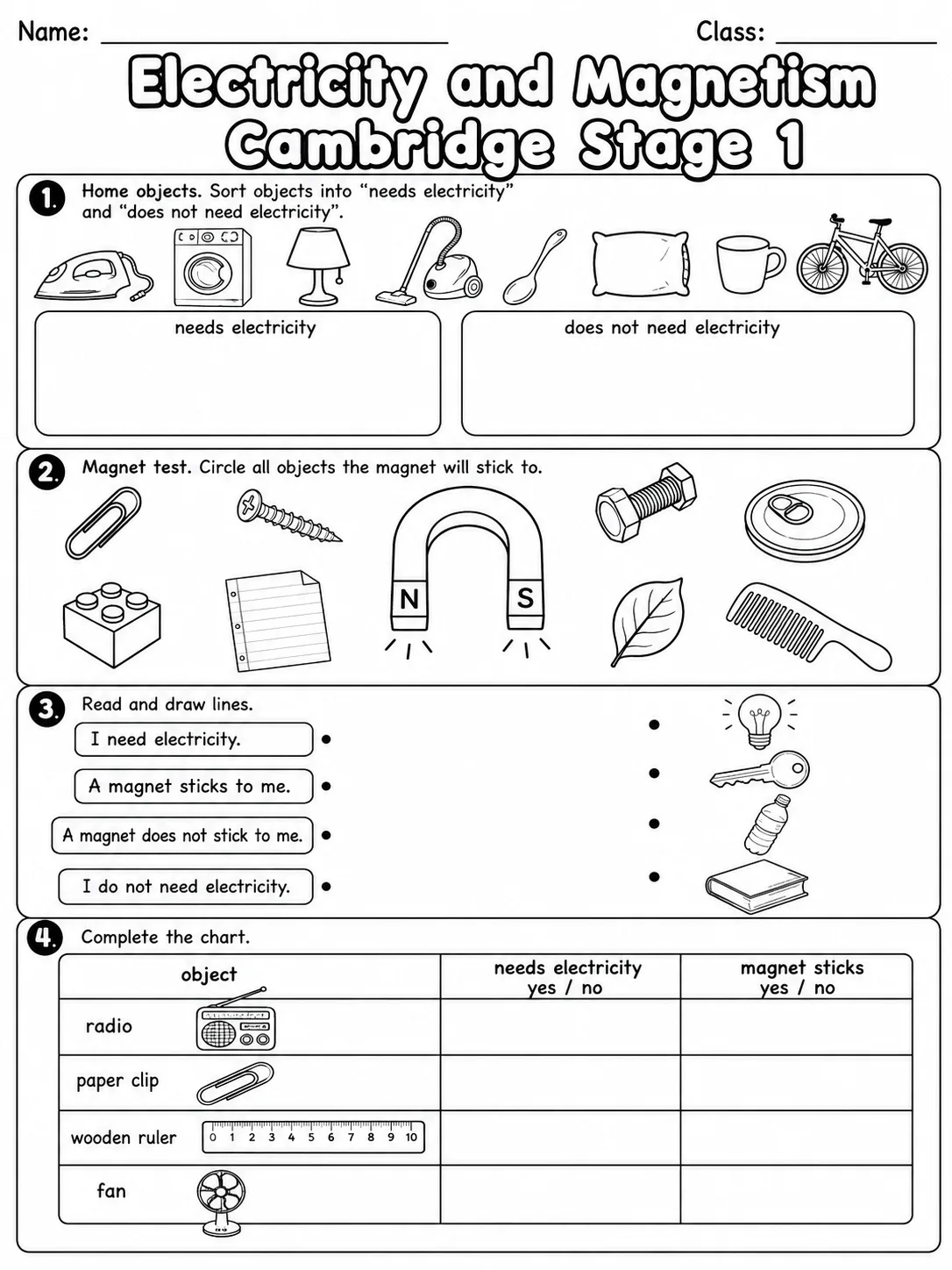 Electricity and Magnetism Cambridge Stage 1 page 8 printable Cambridge science worksheet preview
