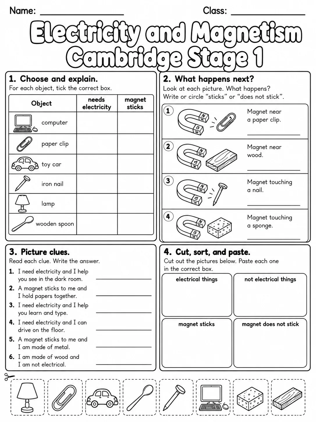 Electricity and Magnetism Cambridge Stage 1 page 9 printable Cambridge science worksheet preview