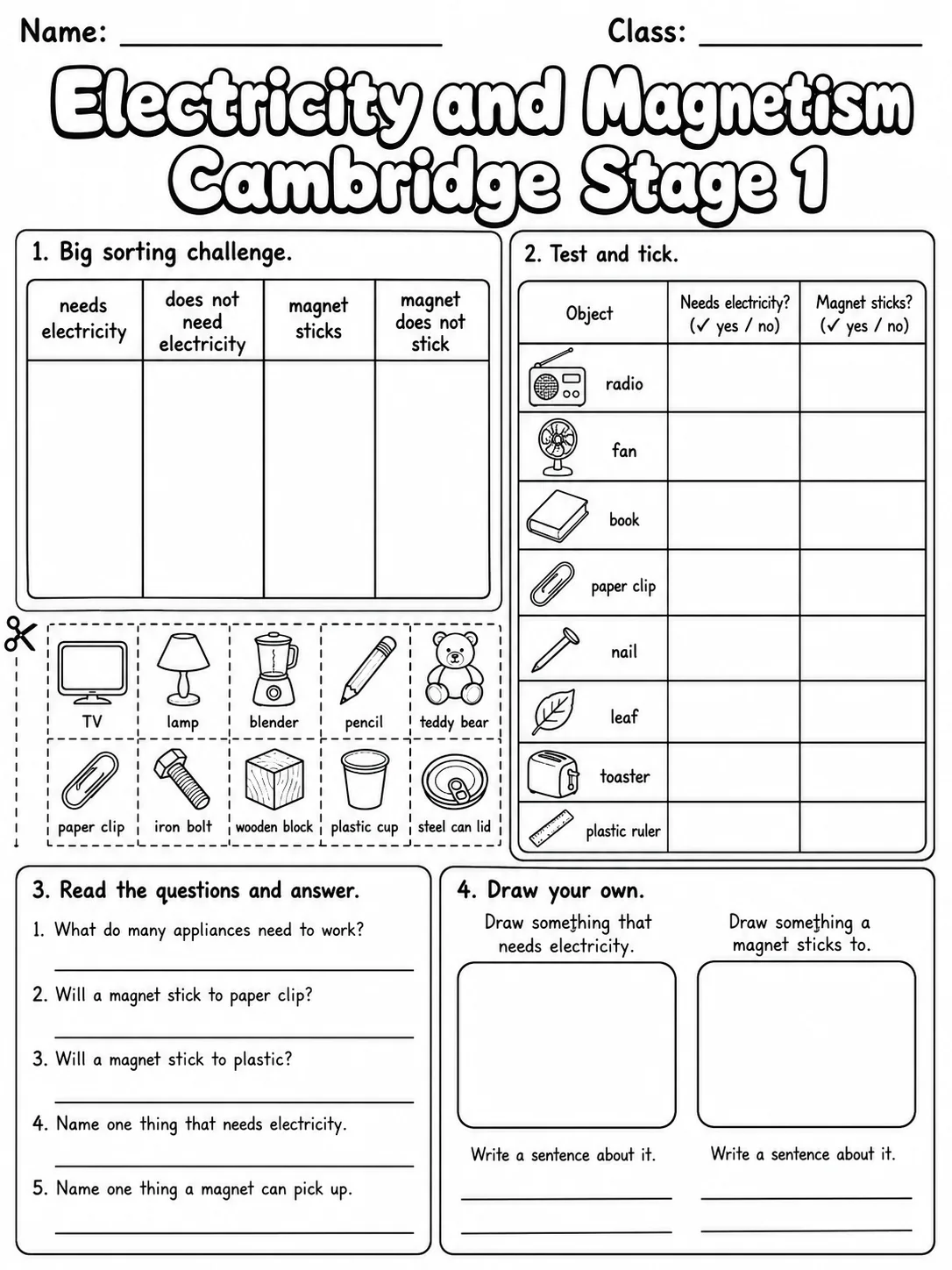 Electricity and Magnetism Cambridge Stage 1 page 10 printable Cambridge science worksheet preview