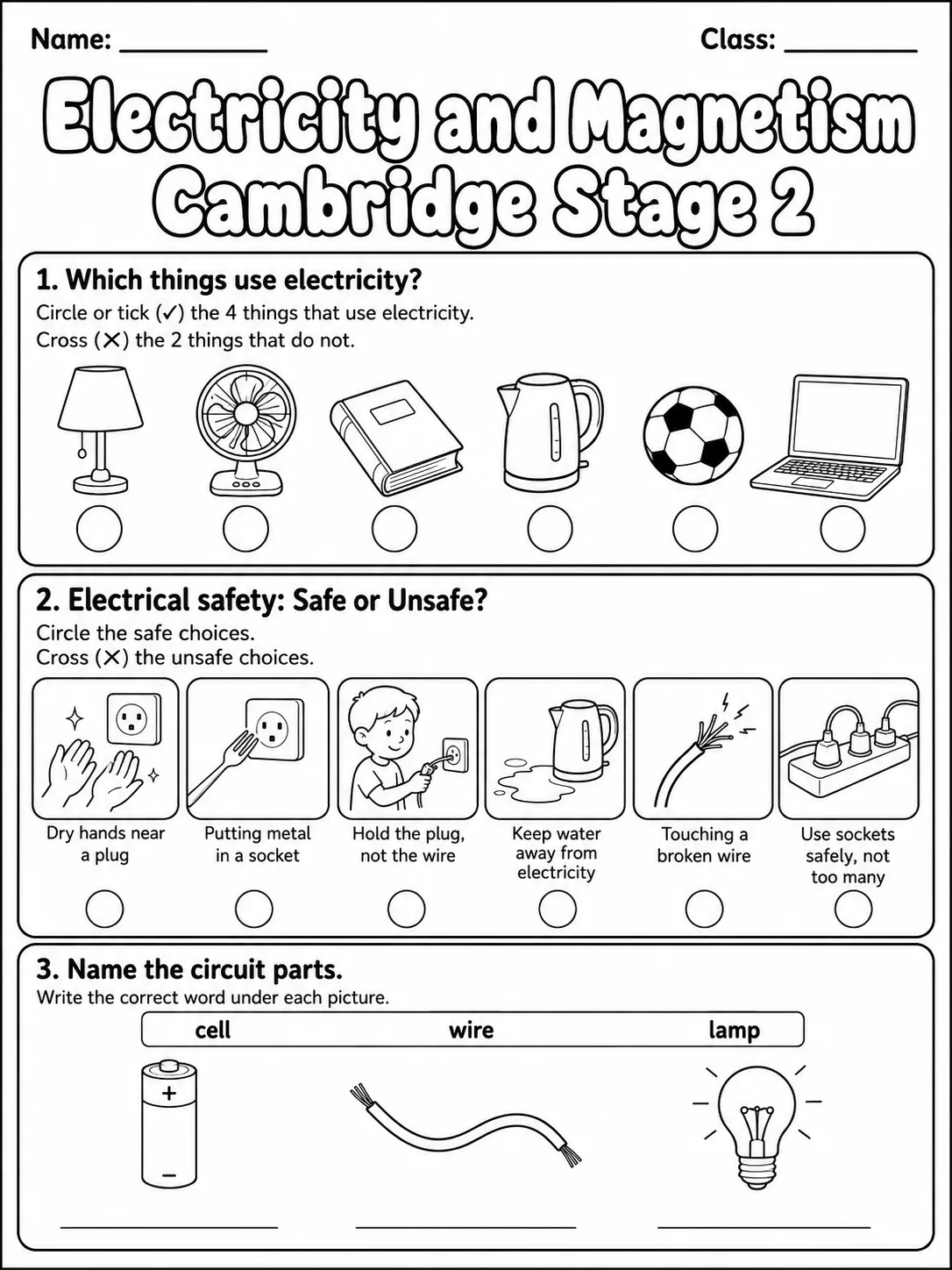 Electricity and Magnetism Cambridge Stage 2 printable Cambridge Primary Science Stage 2 worksheet preview from KiwiBee