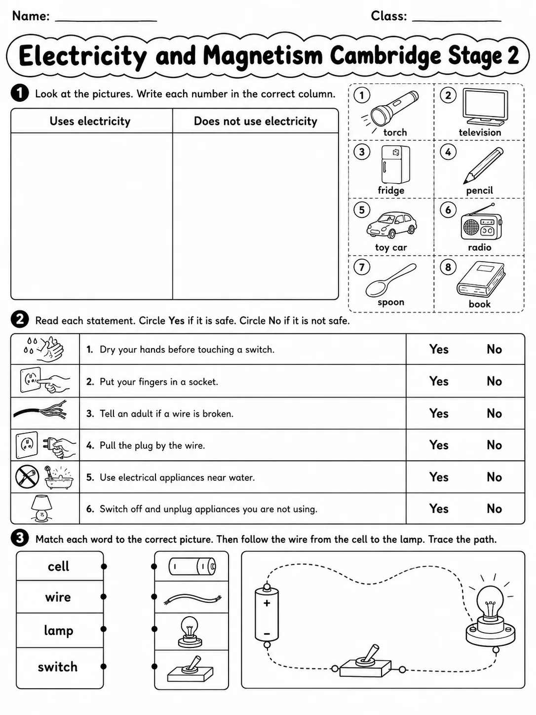 Electricity and Magnetism Cambridge Stage 2 page 2 printable Cambridge science worksheet preview