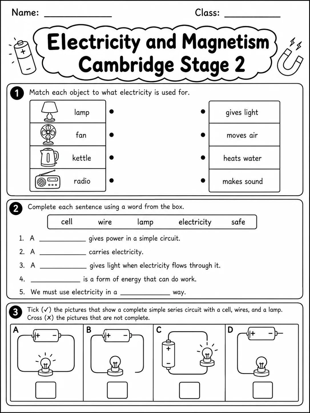 Electricity and Magnetism Cambridge Stage 2 page 3 printable Cambridge science worksheet preview