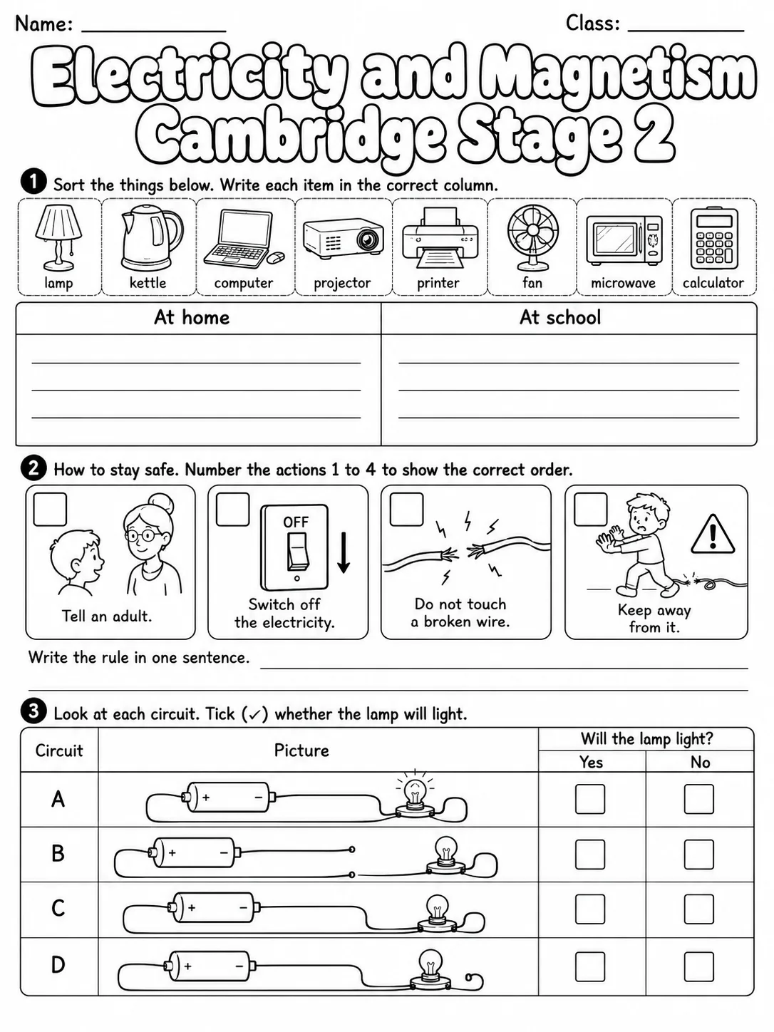 Electricity and Magnetism Cambridge Stage 2 page 5 printable Cambridge science worksheet preview