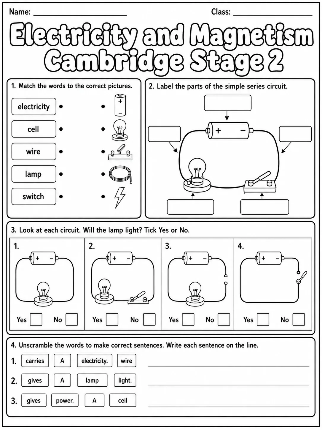Electricity and Magnetism Cambridge Stage 2 page 6 printable Cambridge science worksheet preview