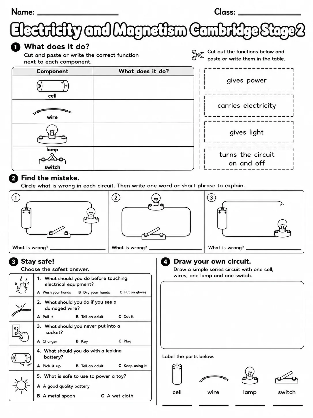 Electricity and Magnetism Cambridge Stage 2 page 7 printable Cambridge science worksheet preview