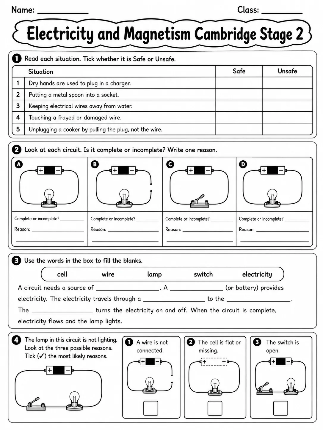 Electricity and Magnetism Cambridge Stage 2 page 8 printable Cambridge science worksheet preview