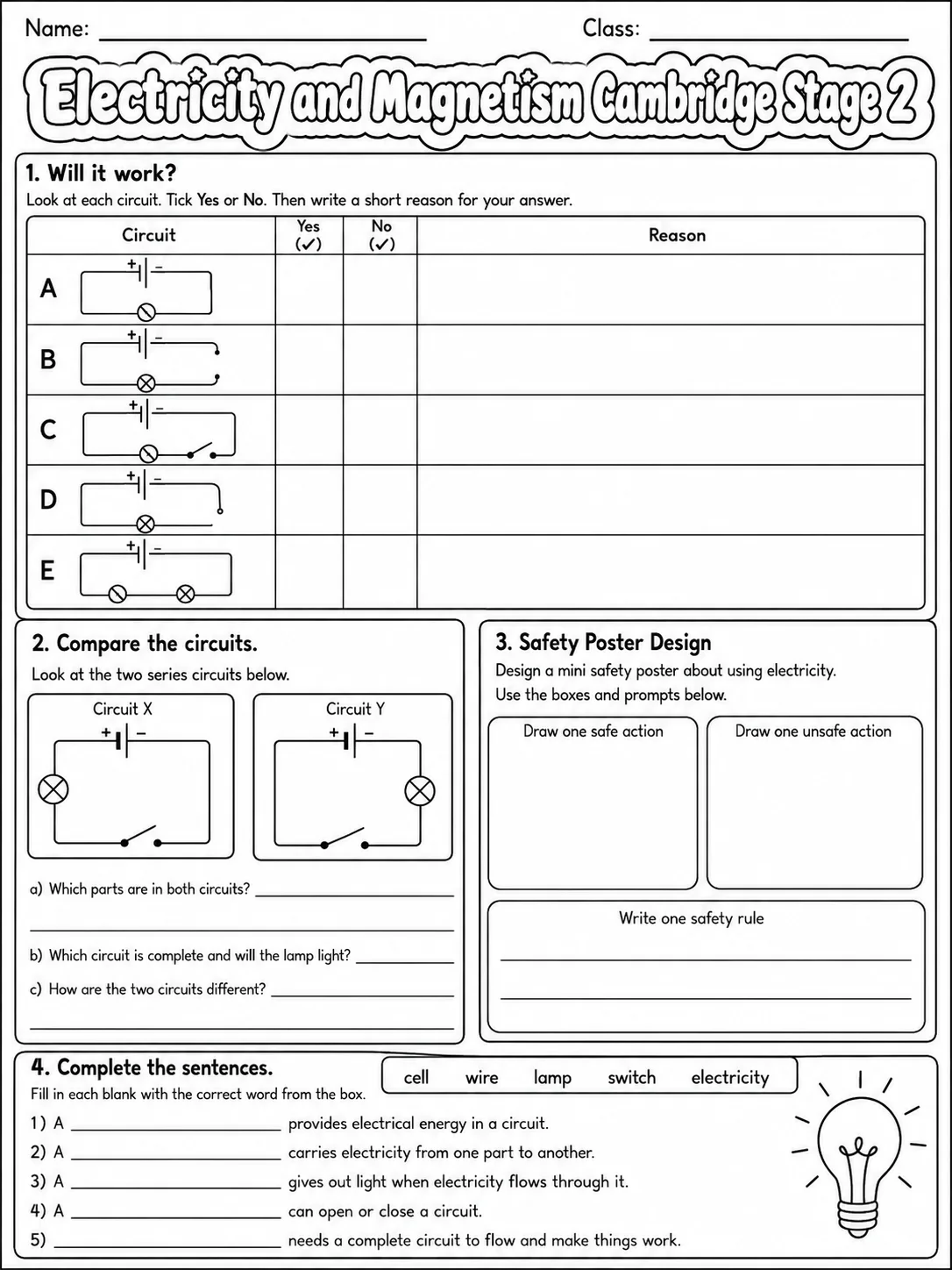 Electricity and Magnetism Cambridge Stage 2 page 9 printable Cambridge science worksheet preview