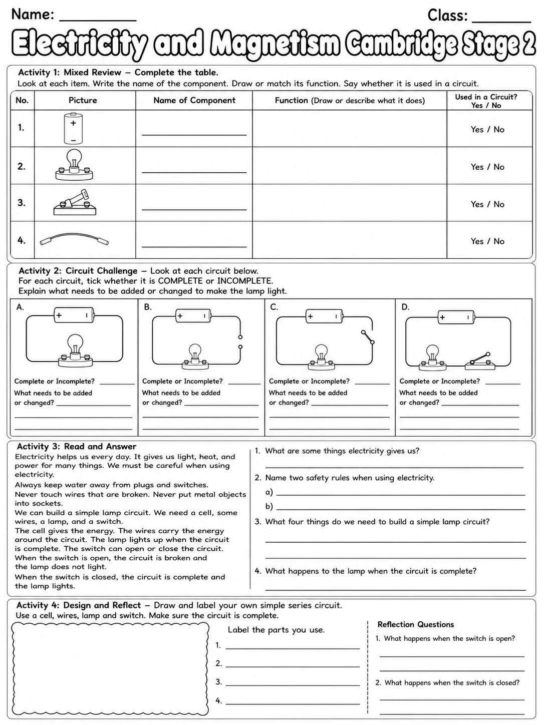 Electricity and Magnetism Cambridge Stage 2 page 10 printable Cambridge science worksheet preview