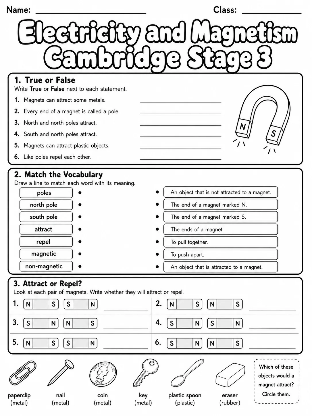 Electricity and Magnetism Cambridge Stage 3 page 3 printable Cambridge science worksheet preview