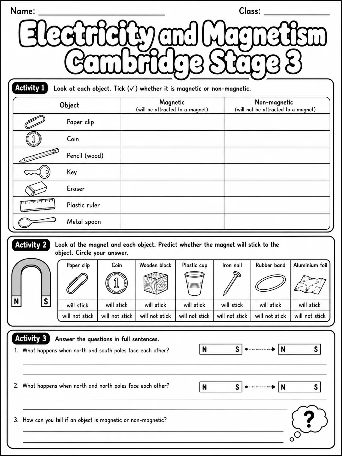 Electricity and Magnetism Cambridge Stage 3 page 4 printable Cambridge science worksheet preview