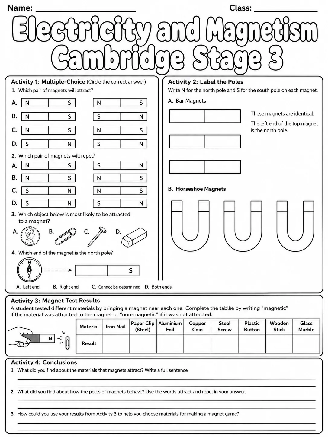 Electricity and Magnetism Cambridge Stage 3 page 6 printable Cambridge science worksheet preview
