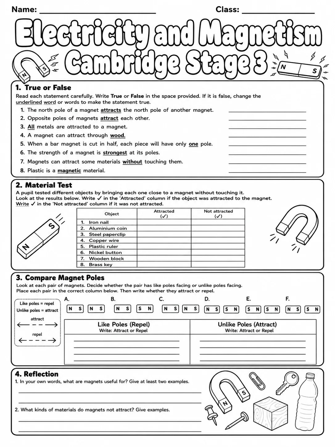 Electricity and Magnetism Cambridge Stage 3 page 7 printable Cambridge science worksheet preview