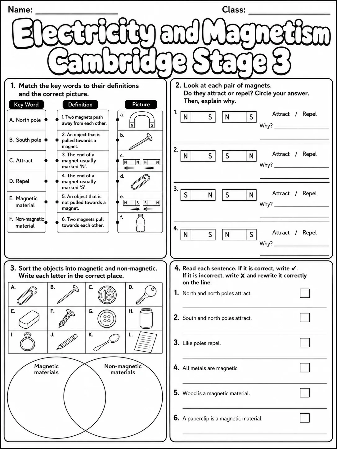 Electricity and Magnetism Cambridge Stage 3 page 8 printable Cambridge science worksheet preview