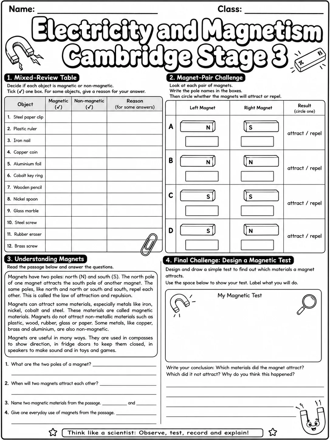 Electricity and Magnetism Cambridge Stage 3 page 10 printable Cambridge science worksheet preview