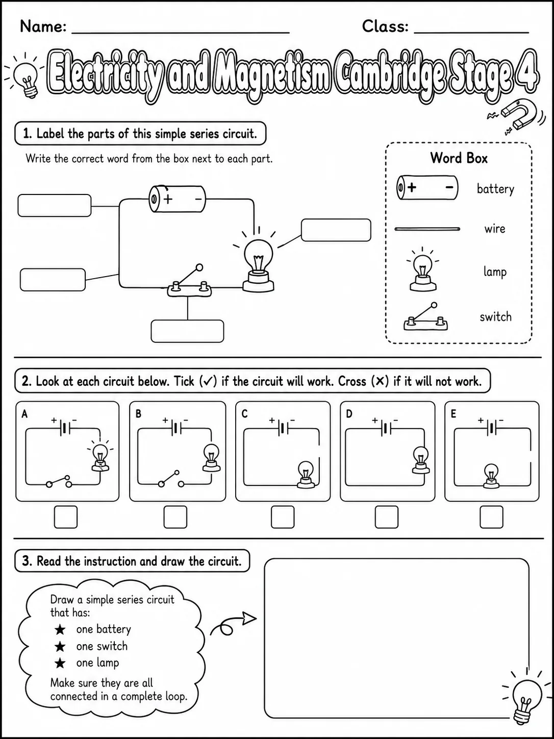Electricity and Magnetism Cambridge Stage 4 page 3 printable Cambridge science worksheet preview