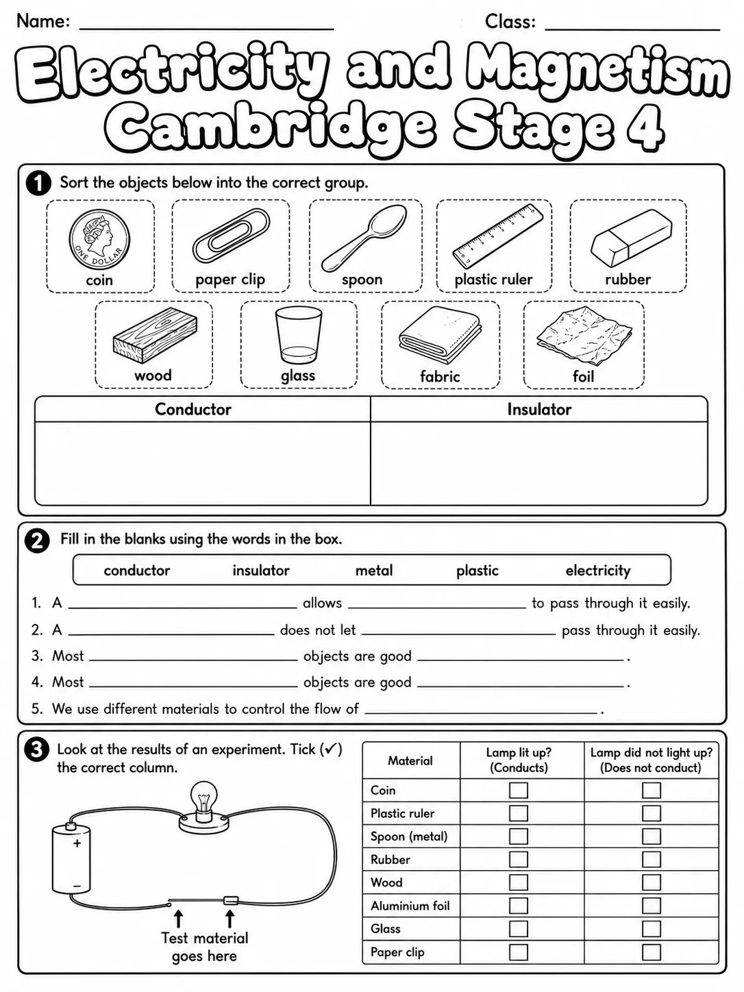 Electricity and Magnetism Cambridge Stage 4 page 4 printable Cambridge science worksheet preview