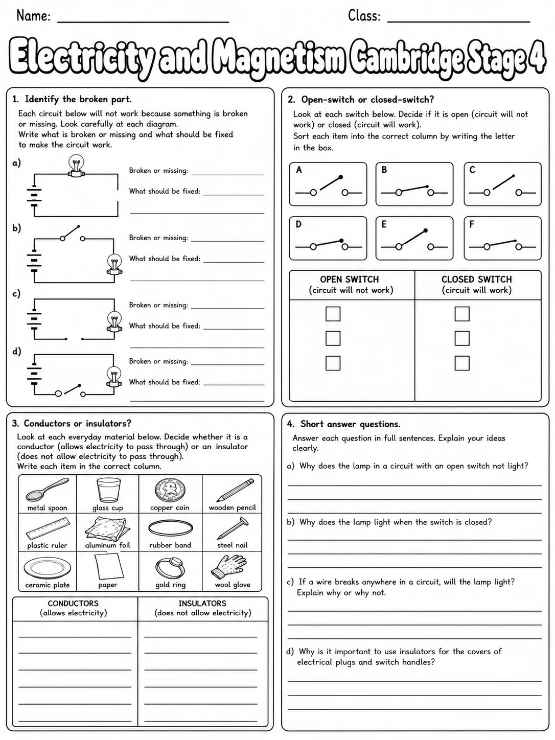 Electricity and Magnetism Cambridge Stage 4 page 6 printable Cambridge science worksheet preview