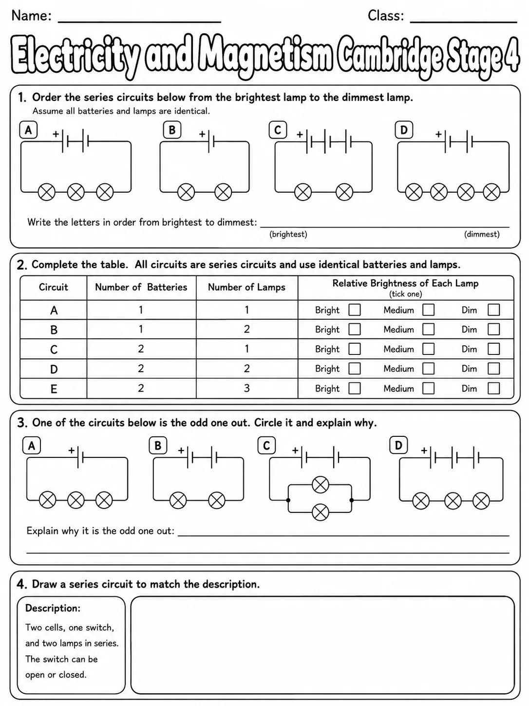 Electricity and Magnetism Cambridge Stage 4 page 7 printable Cambridge science worksheet preview