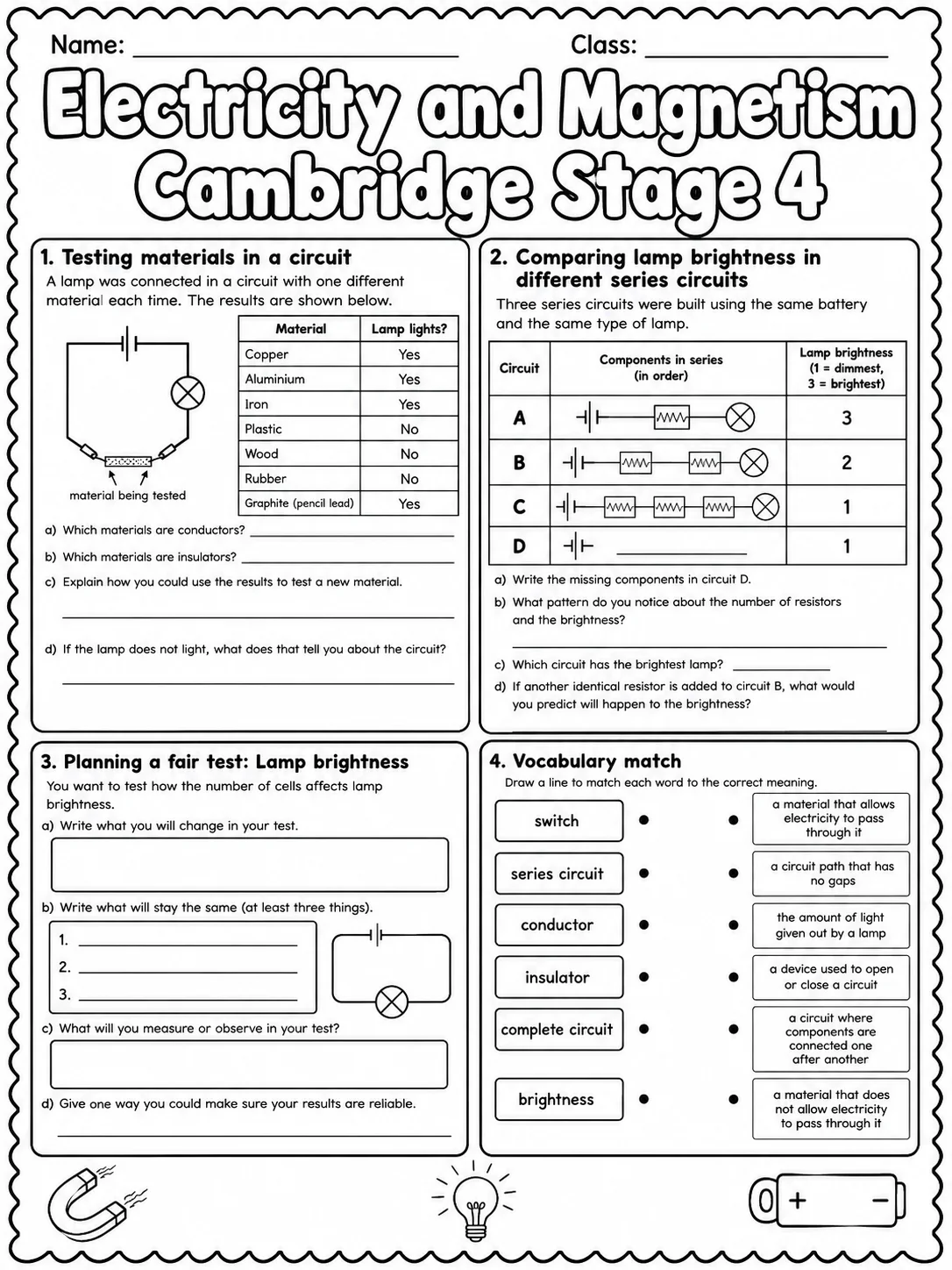 Electricity and Magnetism Cambridge Stage 4 page 8 printable Cambridge science worksheet preview