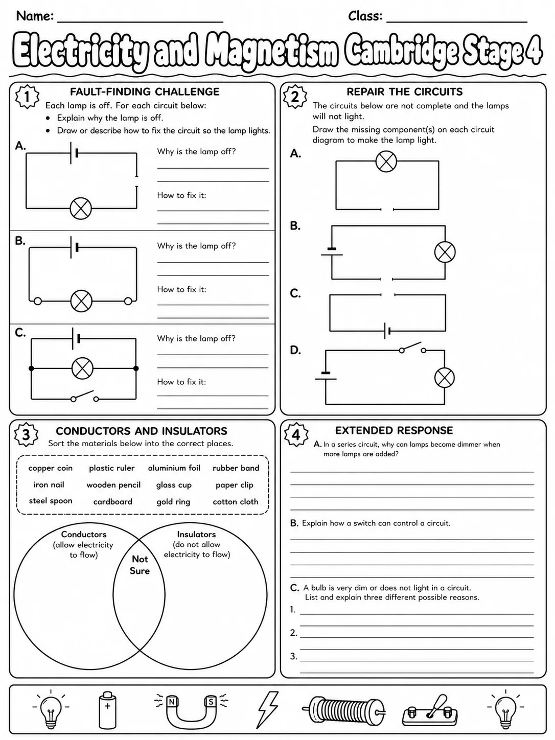 Electricity and Magnetism Cambridge Stage 4 page 9 printable Cambridge science worksheet preview