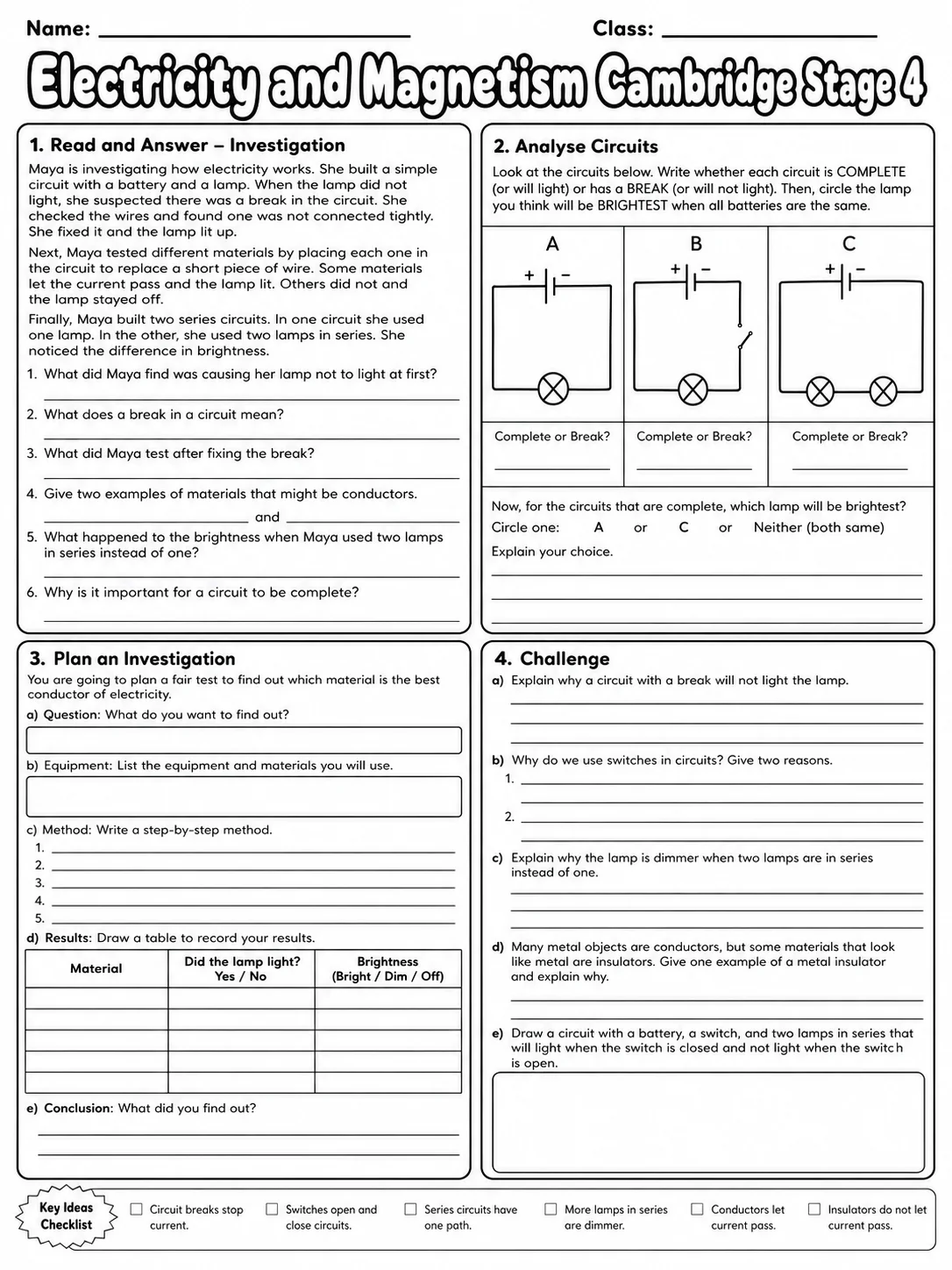 Electricity and Magnetism Cambridge Stage 4 page 10 printable Cambridge science worksheet preview