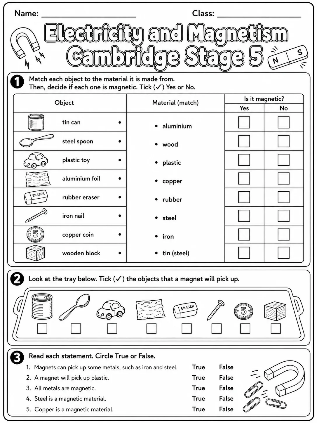 Electricity and Magnetism Cambridge Stage 5 page 2 printable Cambridge science worksheet preview
