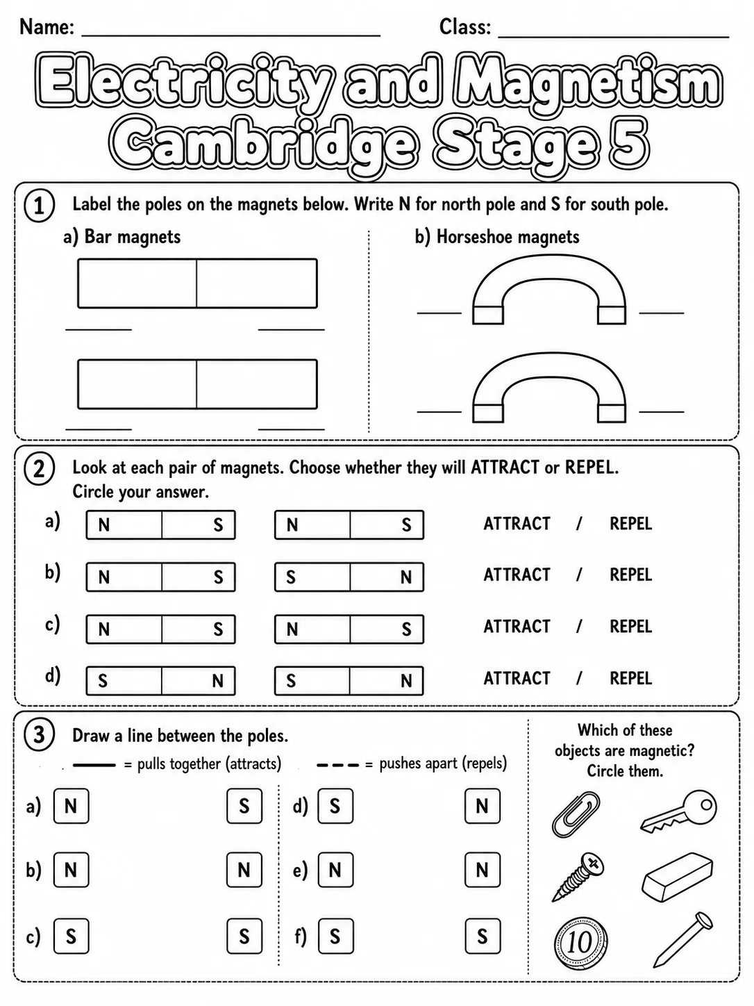 Electricity and Magnetism Cambridge Stage 5 page 3 printable Cambridge science worksheet preview