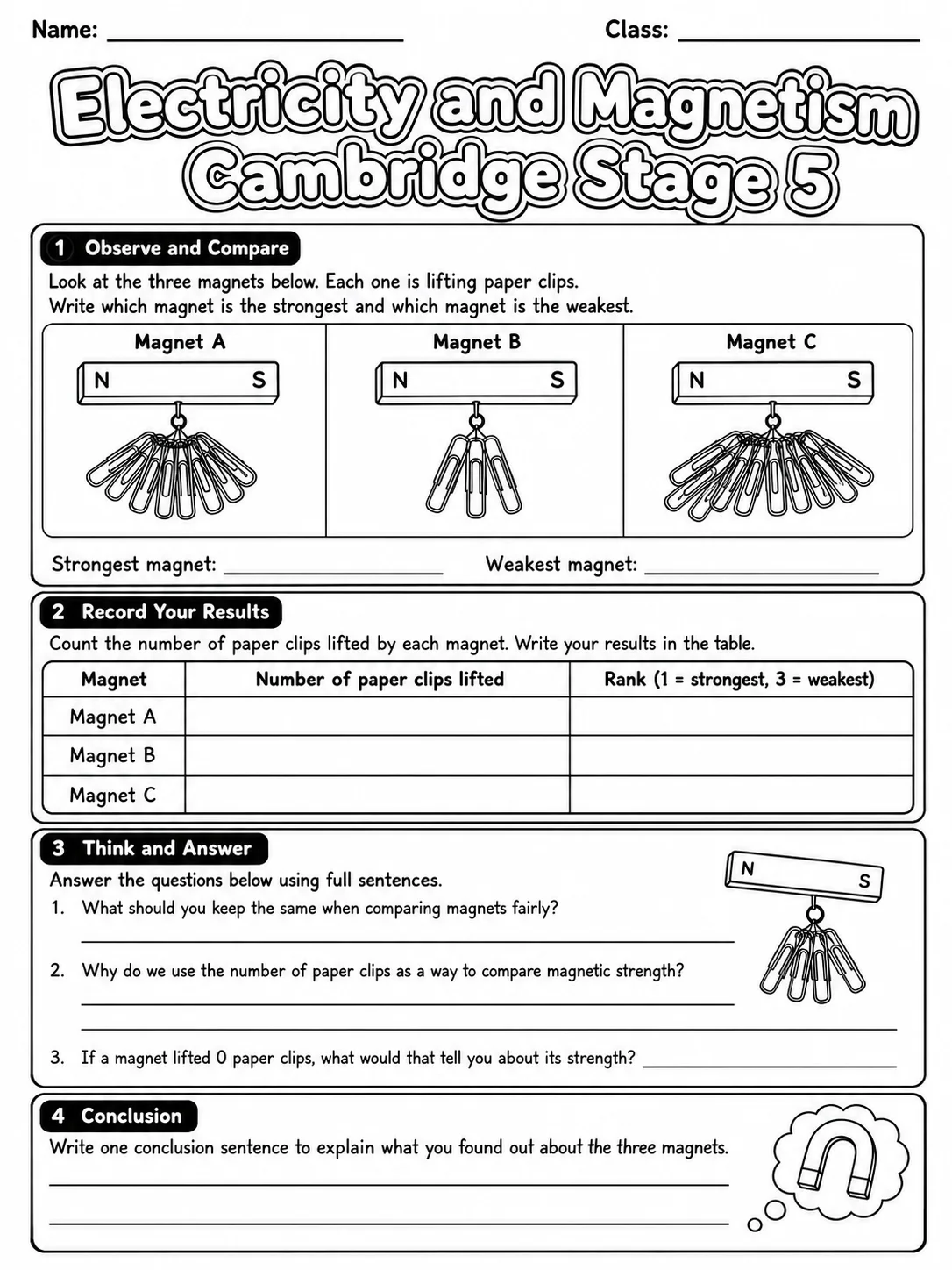 Electricity and Magnetism Cambridge Stage 5 page 5 printable Cambridge science worksheet preview