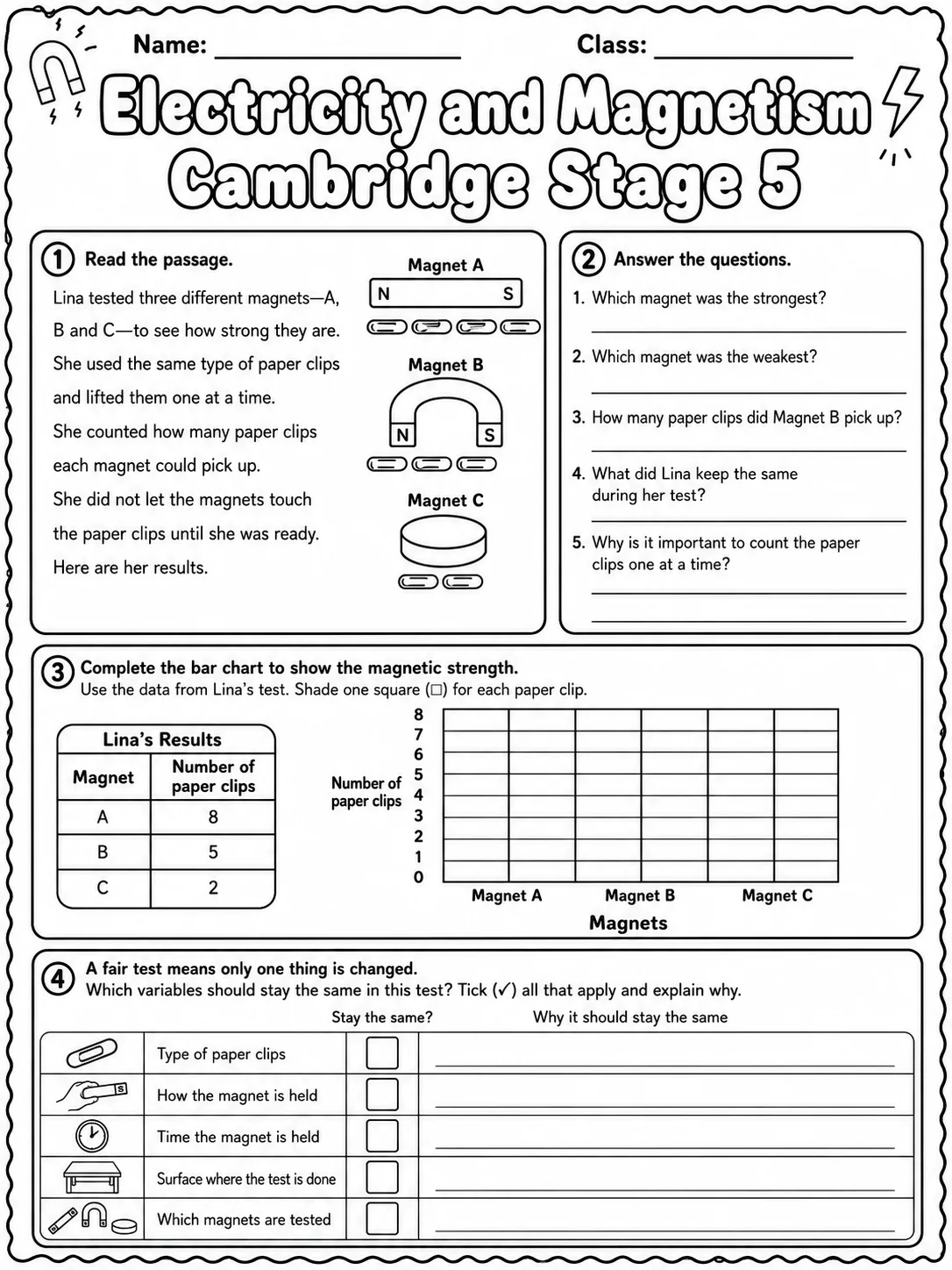 Electricity and Magnetism Cambridge Stage 5 page 8 printable Cambridge science worksheet preview
