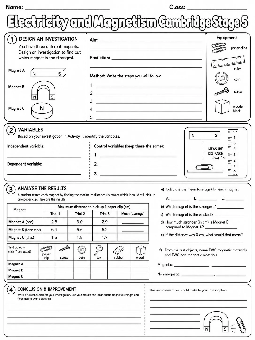 Electricity and Magnetism Cambridge Stage 5 page 10 printable Cambridge science worksheet preview