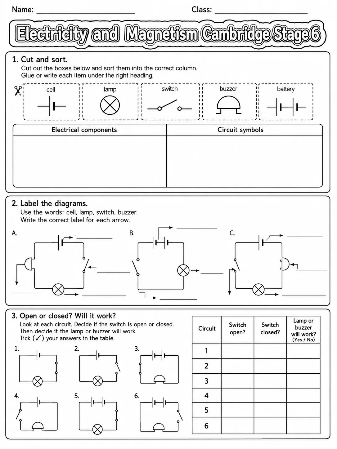 Electricity and Magnetism Cambridge Stage 6 page 2 printable Cambridge science worksheet preview